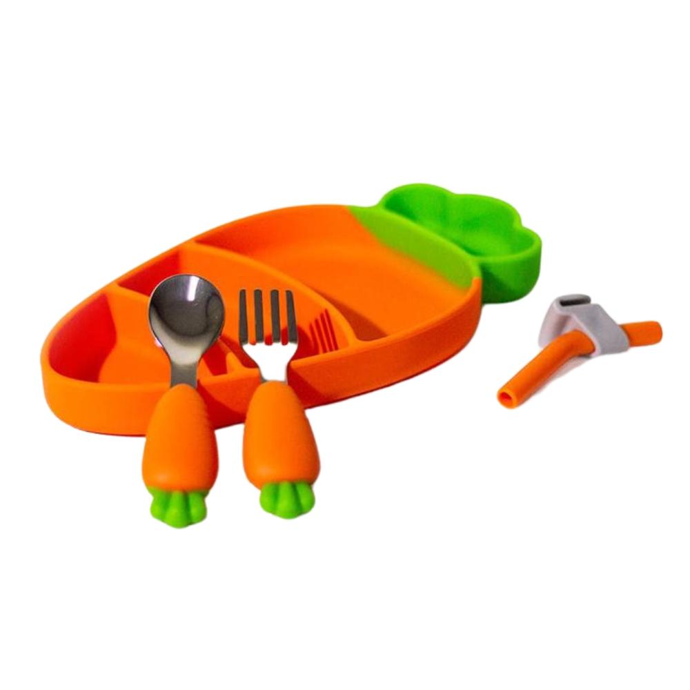 Plato infantil  de silicona y cubiertos modelo Zanahoria