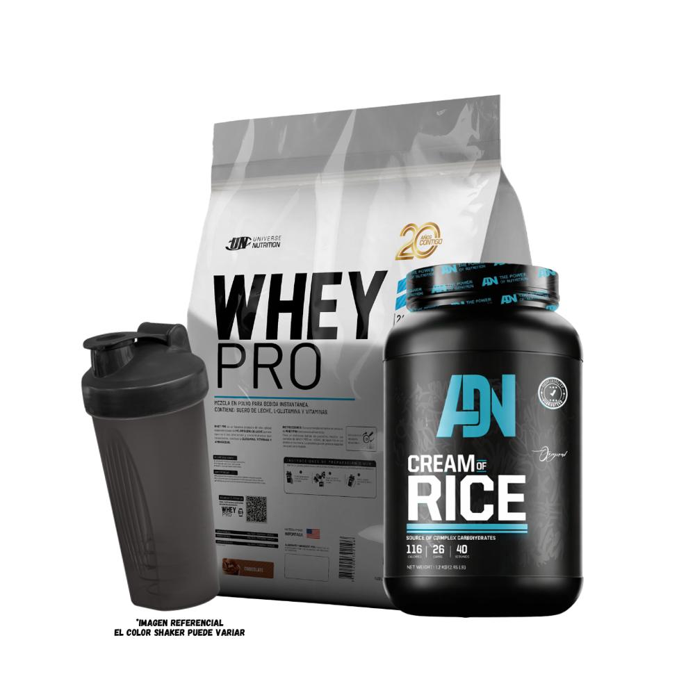 WHEY PRO 5 KG CHOCOLATE Y CREMA ARROZ 1.2 KG CHOCOLATE Y SHAKER