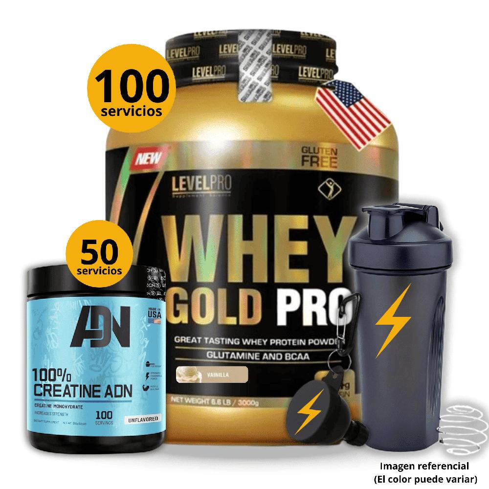 Proteína Whey gold pro de 3kg Vainilla - Creatina ADN de 250gr - regalos