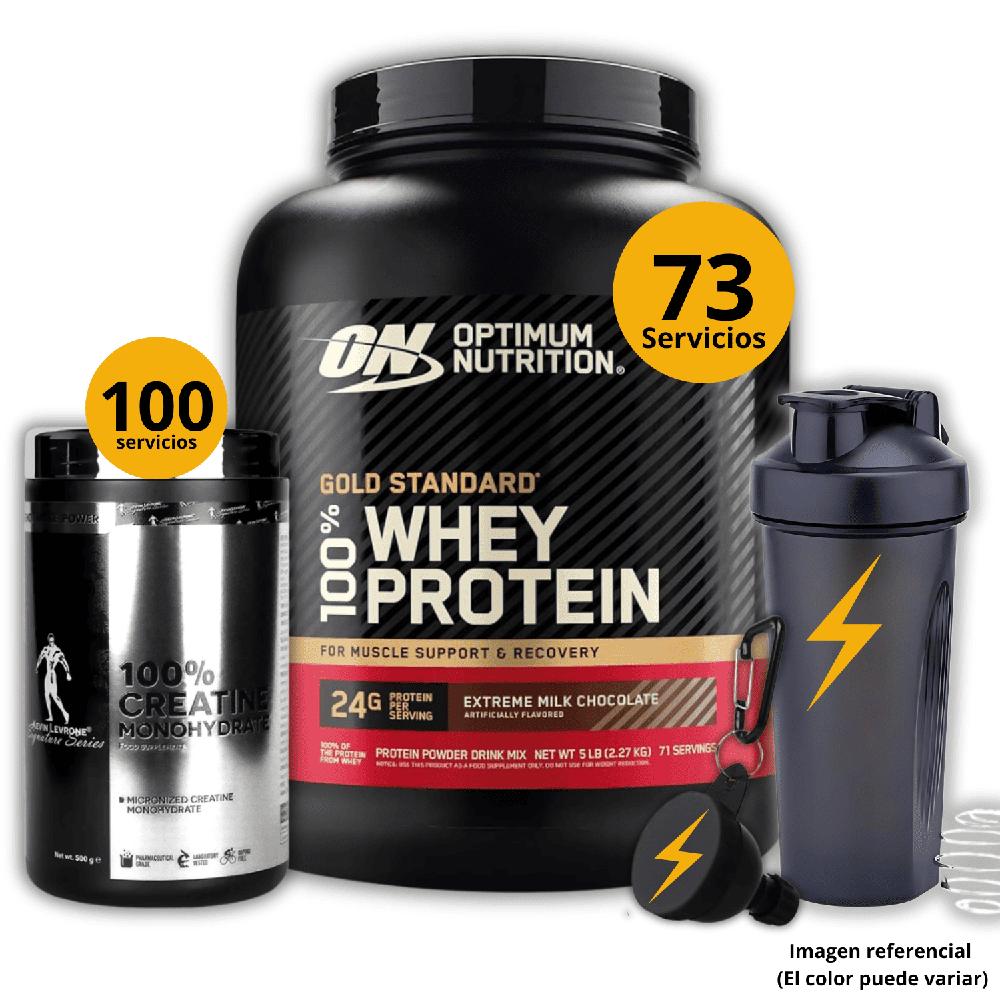 Proteína Gold standard whey de 5lb Chocolate - Creatina Kevin Levrone de 500gr - regalos