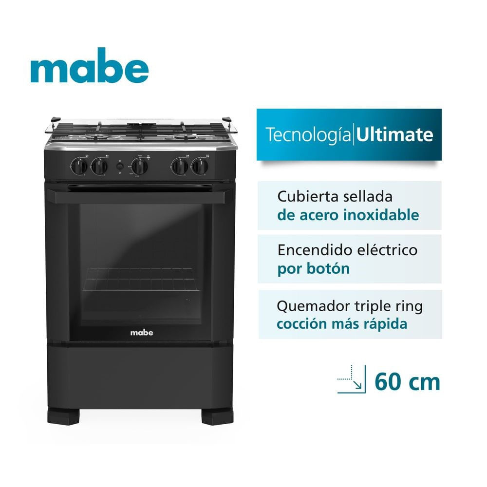 Cocina de Pie a Gas 4 Hornillas CMP6040FN0 Mabe Negro