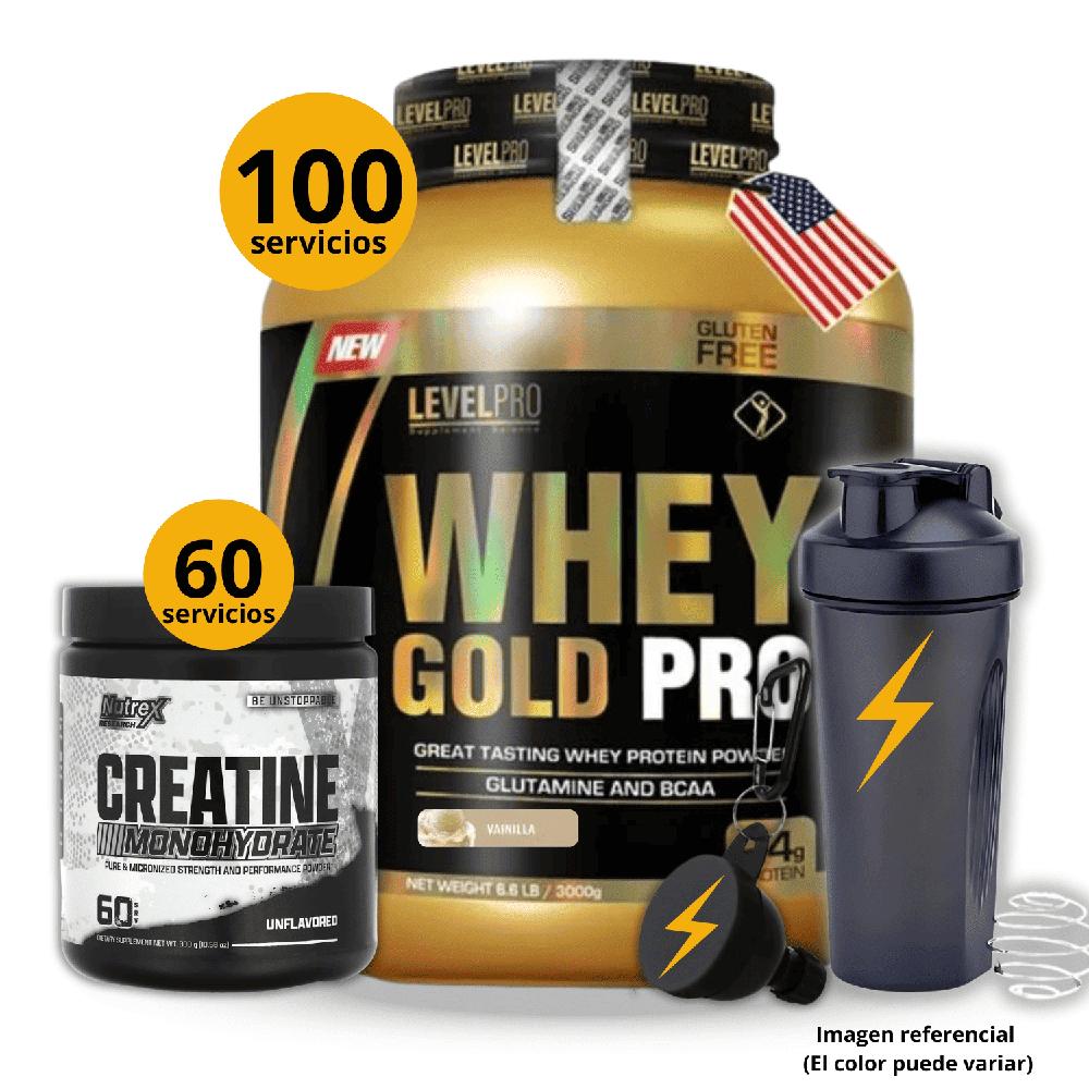 Proteína Whey gold pro de 3kg Vainilla - Creatina Nutrex de 300gr - regalos