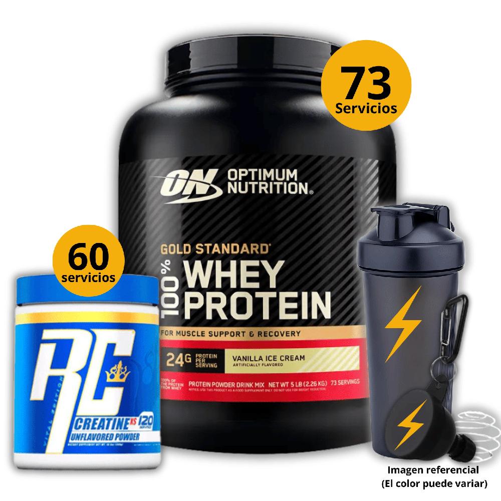 Proteína Gold standard whey de 5lb Vainilla - Creatina Ronnie Coleman de 300gr - regalos