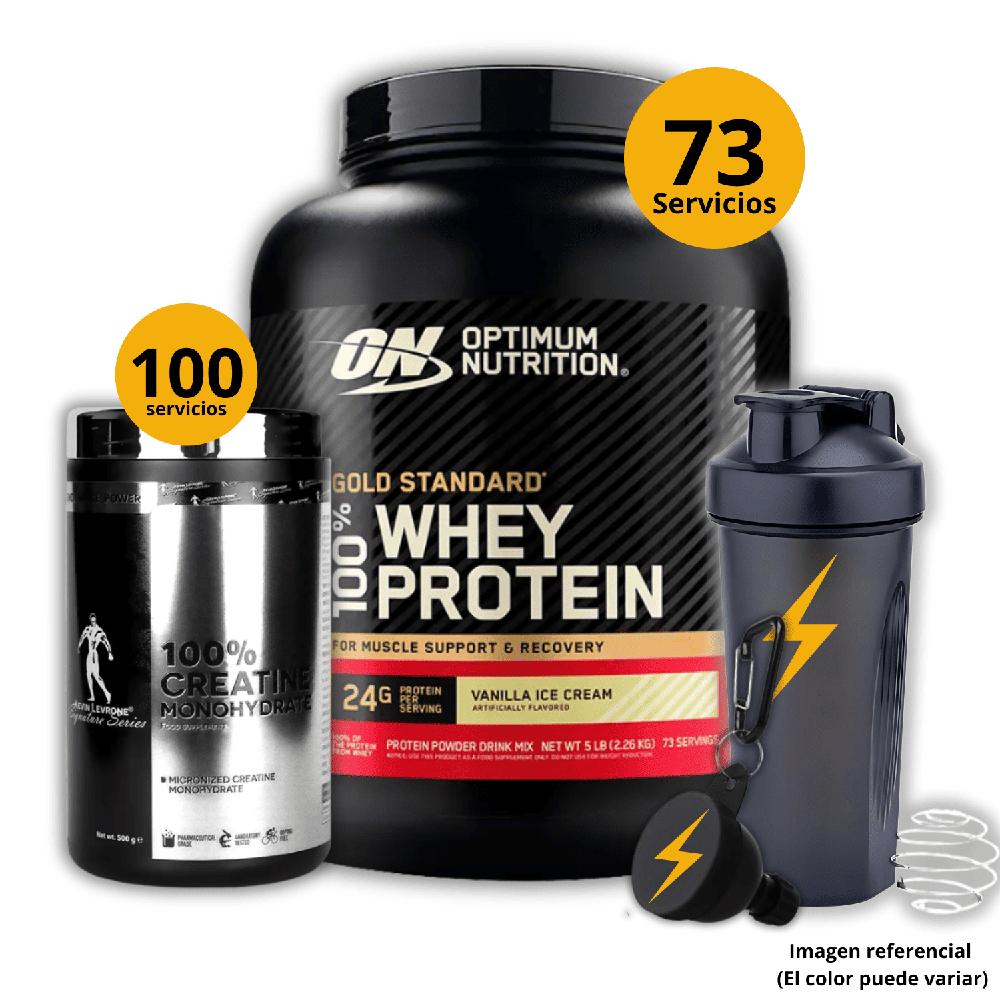 Proteína Gold standard whey de 5lb Vainilla - Creatina Kevin Levrone de 500gr - regalos