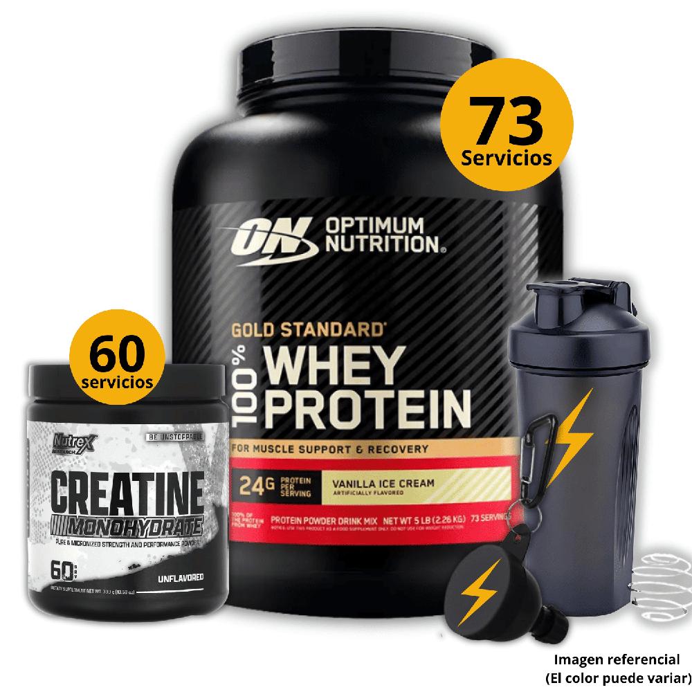 Proteína Gold standard whey de 5lb Vainilla - Creatina Nutrex de 300gr - regalos