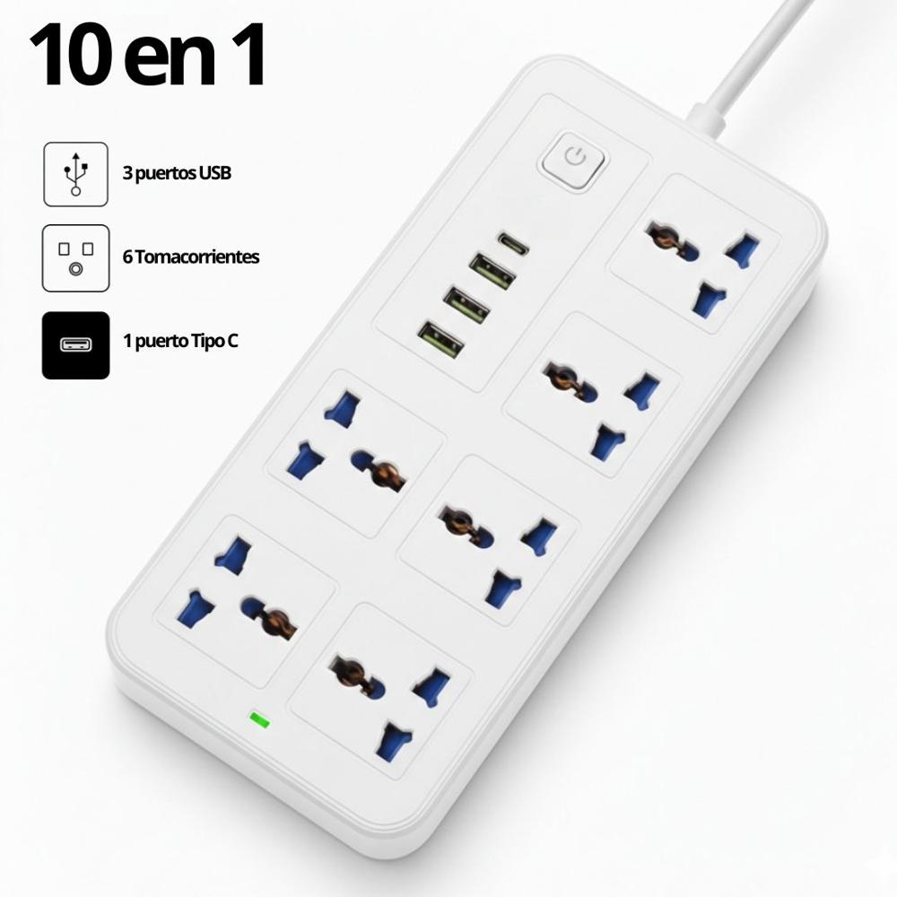 Cargador Multipuerto 10 en 1 Extensión Eléctrica 3 Puertos USB 1 Tipo C con 6 Tomacorrientes
