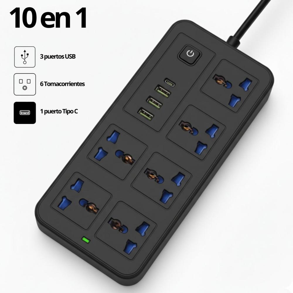 Cargador Multipuerto 10 en 1 Extensión Eléctrica 3 Puertos USB 1 Tipo C con 6 Tomacorrientes - Negro