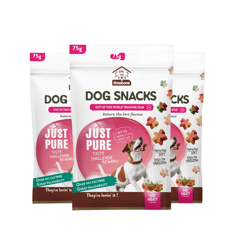 PREMIO PARA PERROS HOWBONE TRAINING STAR MIX CARNES PACK X 3