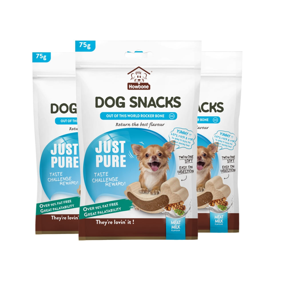 PREMIO PARA PERROS HOWBONE ROCKER BONE SABOR LECHE Y CARNE  PACK X 3