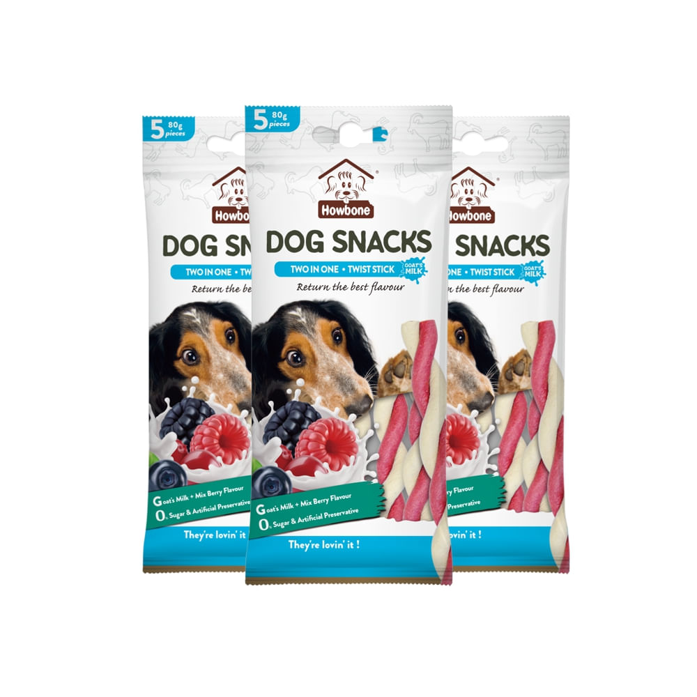 SNACK PARA PERRO HOWBONE LECHE DE CABRA Y FRUTOS ROJOS PACK X3