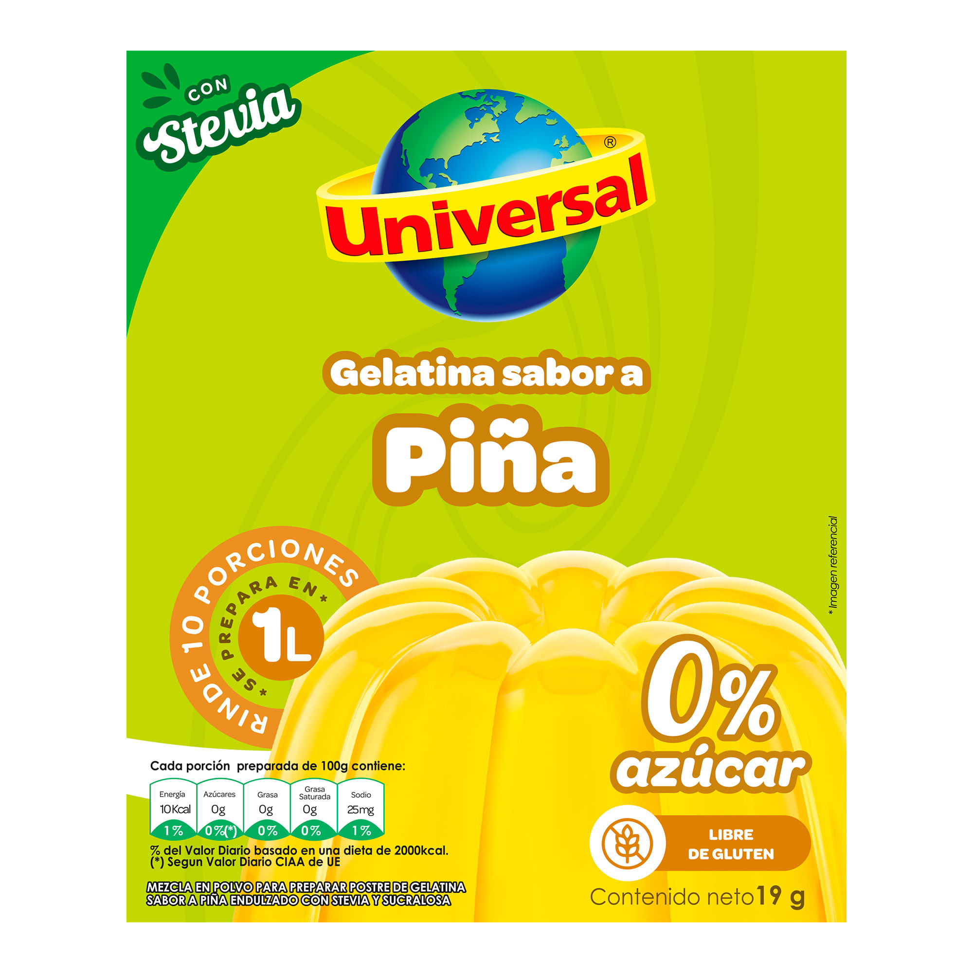 Gelatina Sabor a Piña UNIVERSAL 0% Azúcar Stevia Caja 19g