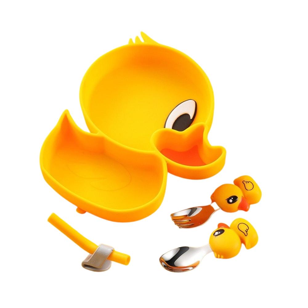 Plato infantil  de silicona y cubiertos modelo Patito