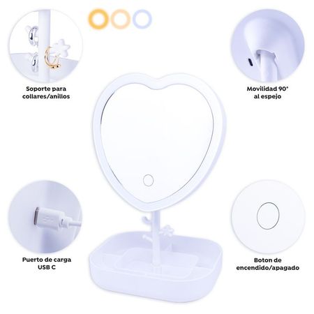 Espejo y organizador de Tocador Corazon Led Blanco