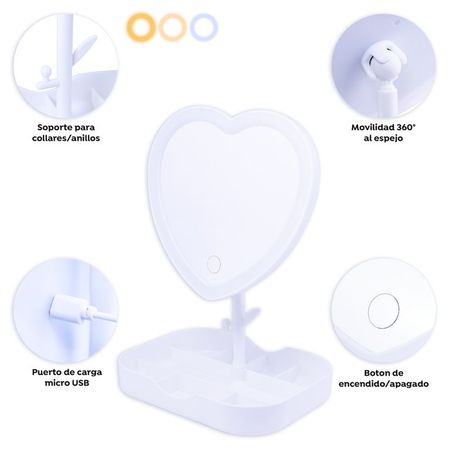 Espejo de Tocador Corazon Led Blanco Blanco