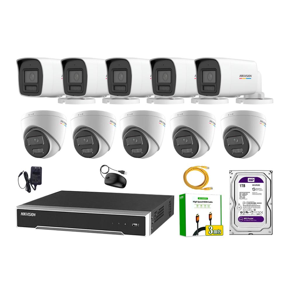 Kit 10 Cámara Seguridad Hikvision IP POE 4MP Color Vu Audio Luz Inteligente 1TB WD