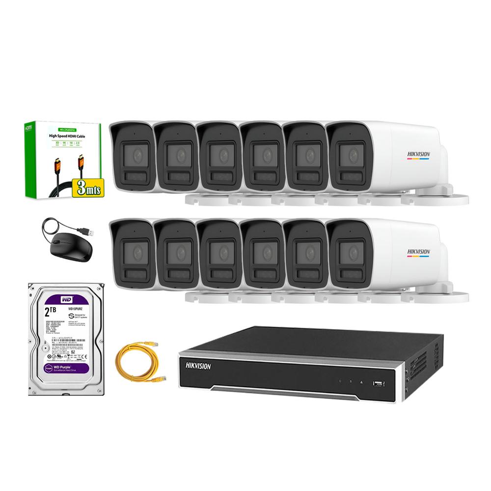 Kit 12 Cámara Seguridad Hikvision IP POE 4MP Color Vu Tubo Visión Color Disco 2TB