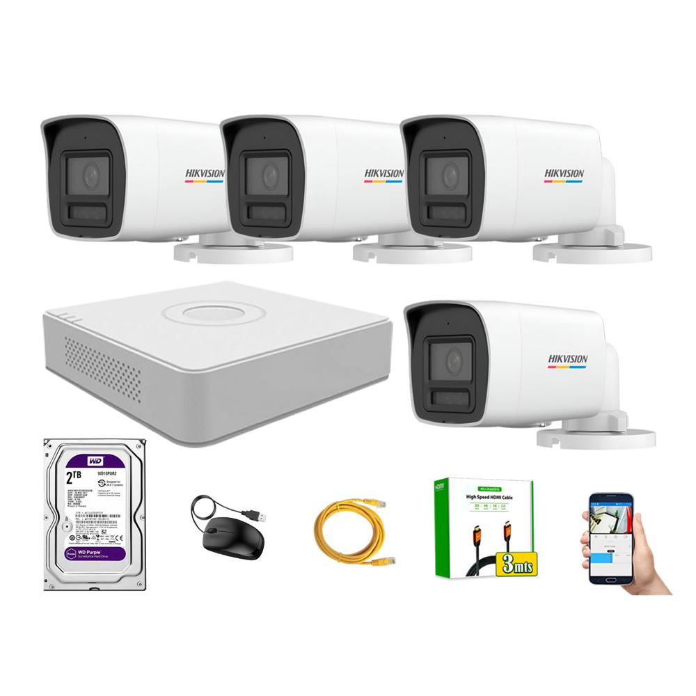 Kit 4 Cámara Seguridad Hikvision IP POE 4MP Color Vu Tubo Visión Color Disco 2TB