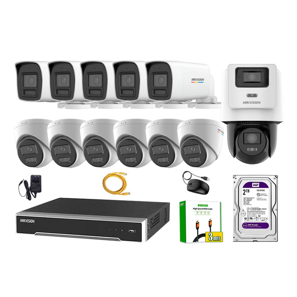 Kit 12 Cámara Seguridad Hikvision IP POE 4MP ColorVu 1 Cámara PTZ Detección Persona 2TB