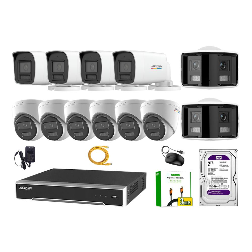 Kit 12 Cámara Seguridad Hikvision IP POE 4MP ColorVu 2 Cámara Panorámica Alarma 2TB WD