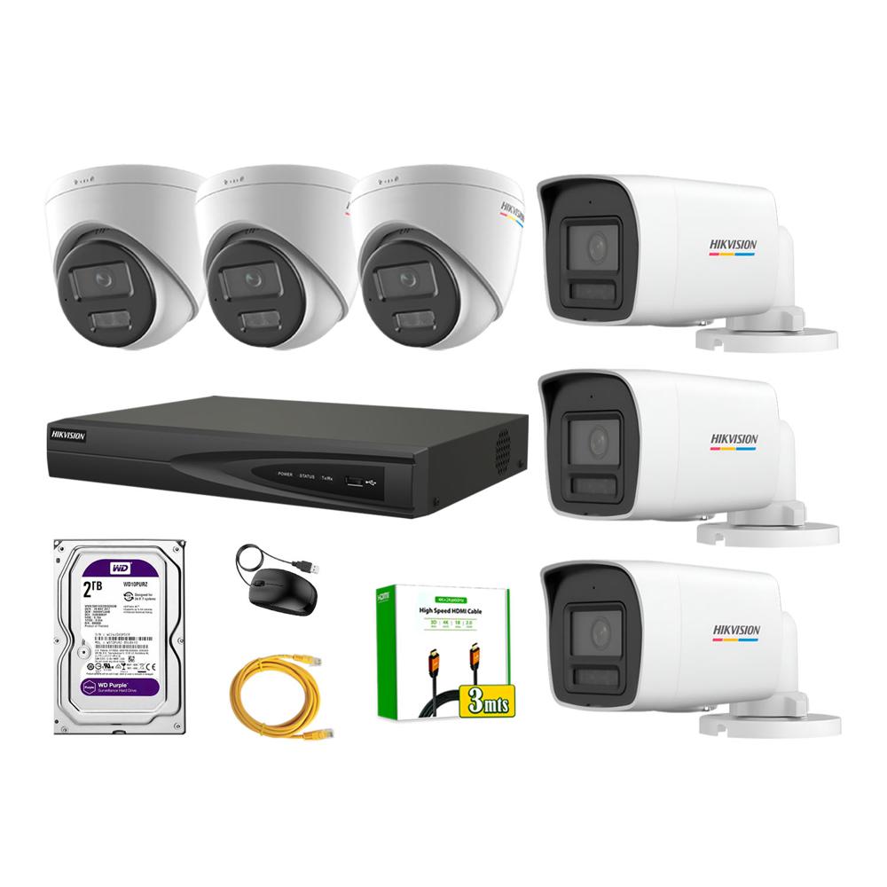 Kit 6 Cámara Seguridad Hikvision IP POE 4MP Color Vu Audio Luz Inteligente 2TB WD