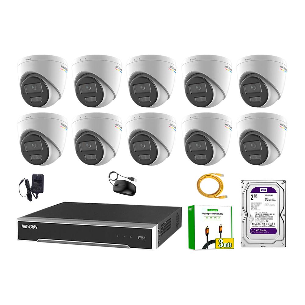 Kit 10 Cámara Seguridad Hikvision IP POE 4MP Color Vu Domo Visión Color Disco 2TB