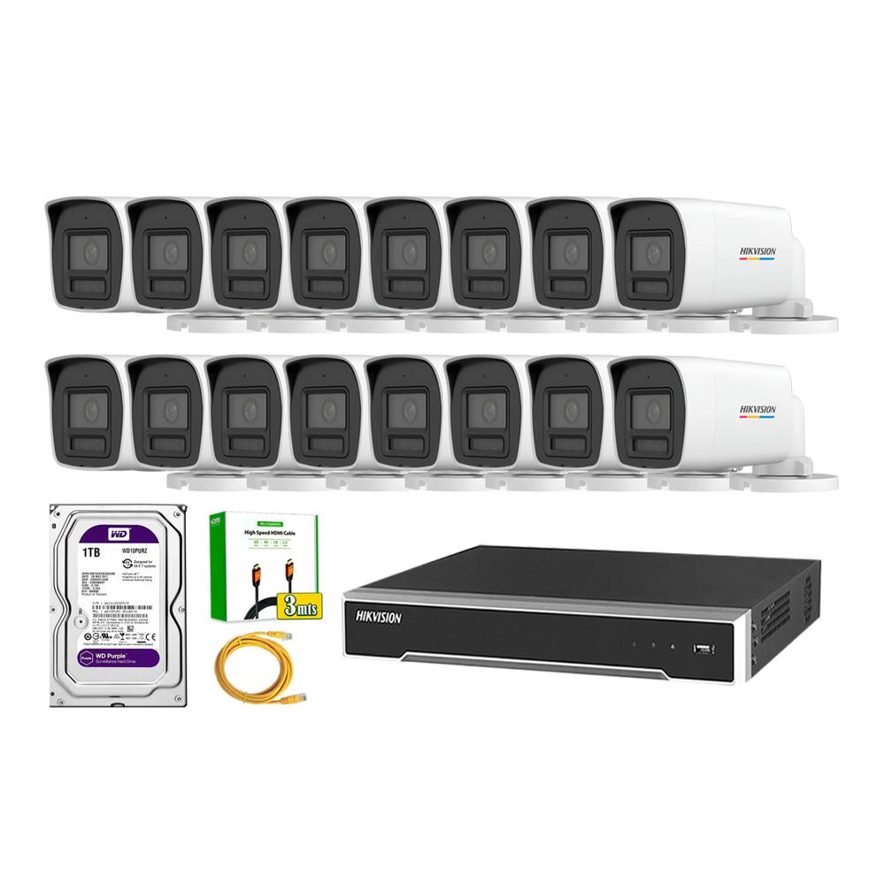 Kit 16 Cámara Seguridad Hikvision IP POE 4MP Color Vu Tubo Visión Color Disco 1TB