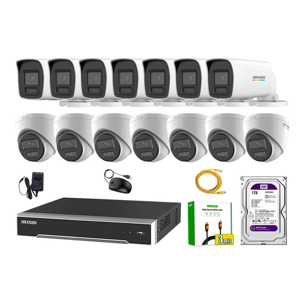 Kit 14 Cámara Seguridad Hikvision IP POE 4MP Color Vu Audio Luz Inteligente 1TB WD