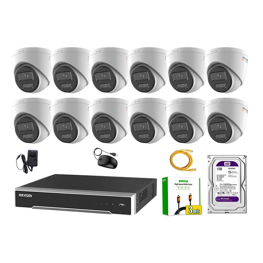 Kit 12 Cámara Seguridad Hikvision IP POE 4MP Color Vu Domo Visión Color Disco 1TB