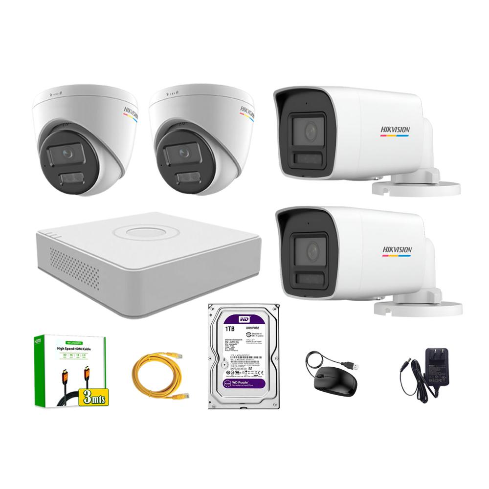 Kit 4 Cámara Seguridad Hikvision IP POE 4MP Color Vu Audio Luz Inteligente 1TB WD