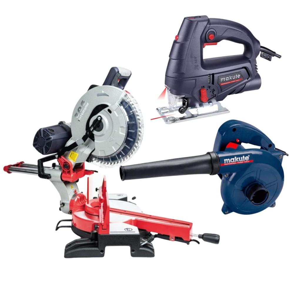 Sierra ingletadora 2000w + sierra caladora + sopladora y aspiradora Makute MS121-305-PB006-JS012