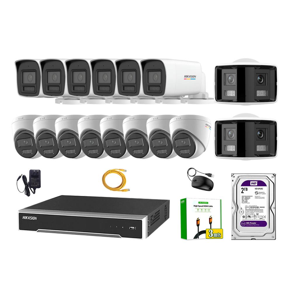 Kit 16 Cámara Seguridad Hikvision IP POE 4MP ColorVu 2 Cámara Panorámica Alarma 2TB WD