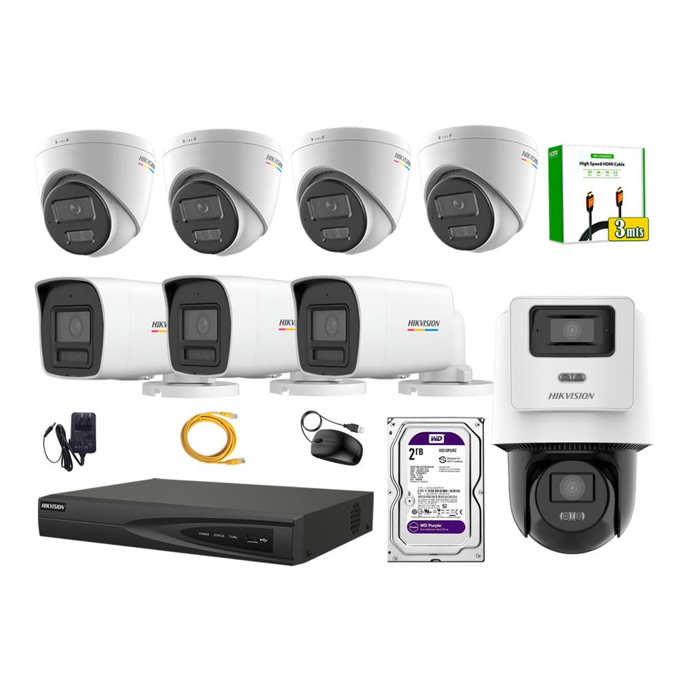 Kit 8 Cámara Seguridad Hikvision IP POE 4MP ColorVu 1 Cámara PTZ Detección Persona 2TB