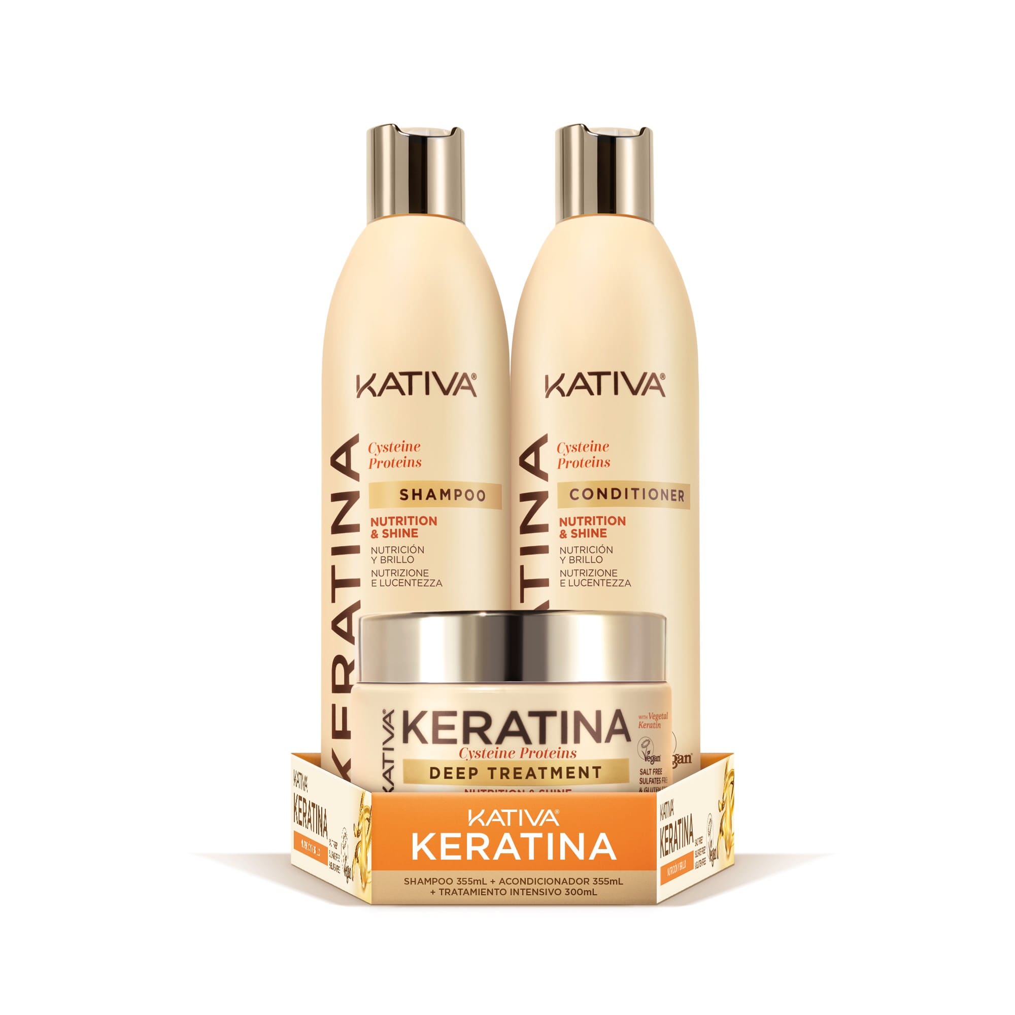 Pack KATIVA Keratina: Shampoo Botella 355ml + Acondicionador Botella 355ml + Tratamiento Intensivo Pote 300ml
