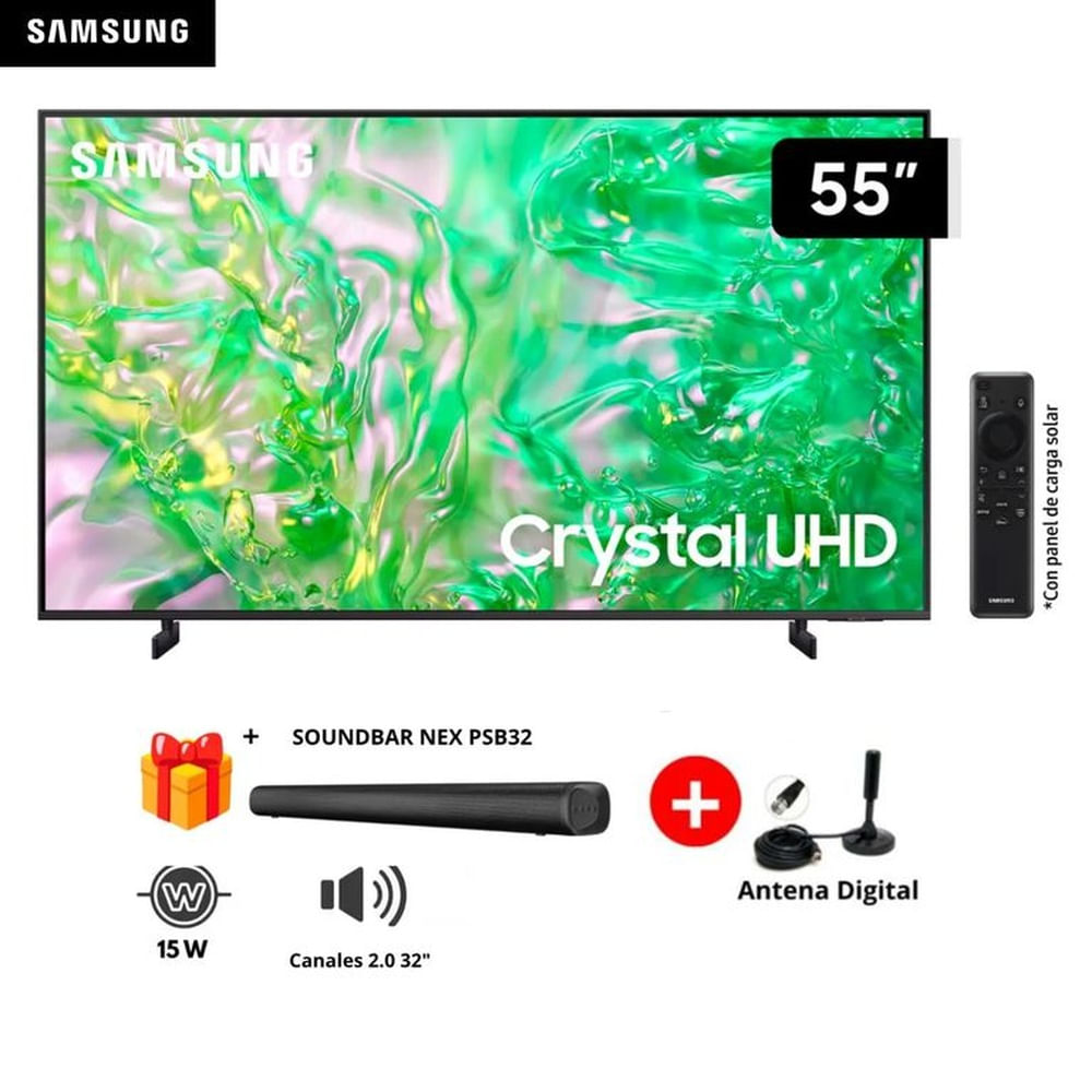 TELEVISOR SAMSUNG 55 CRYSTAL UHD 4K TIZEN OS SMART TV 55DU8000+ SOUNDBAR NEX+ ANTENA