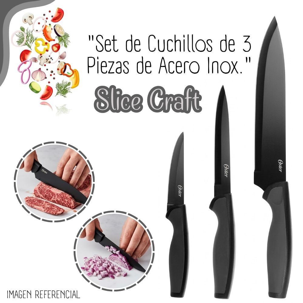 JUEGO CUCHILLOS OSTER SLICE CRAFT NEGRO 3 PIEZAS
