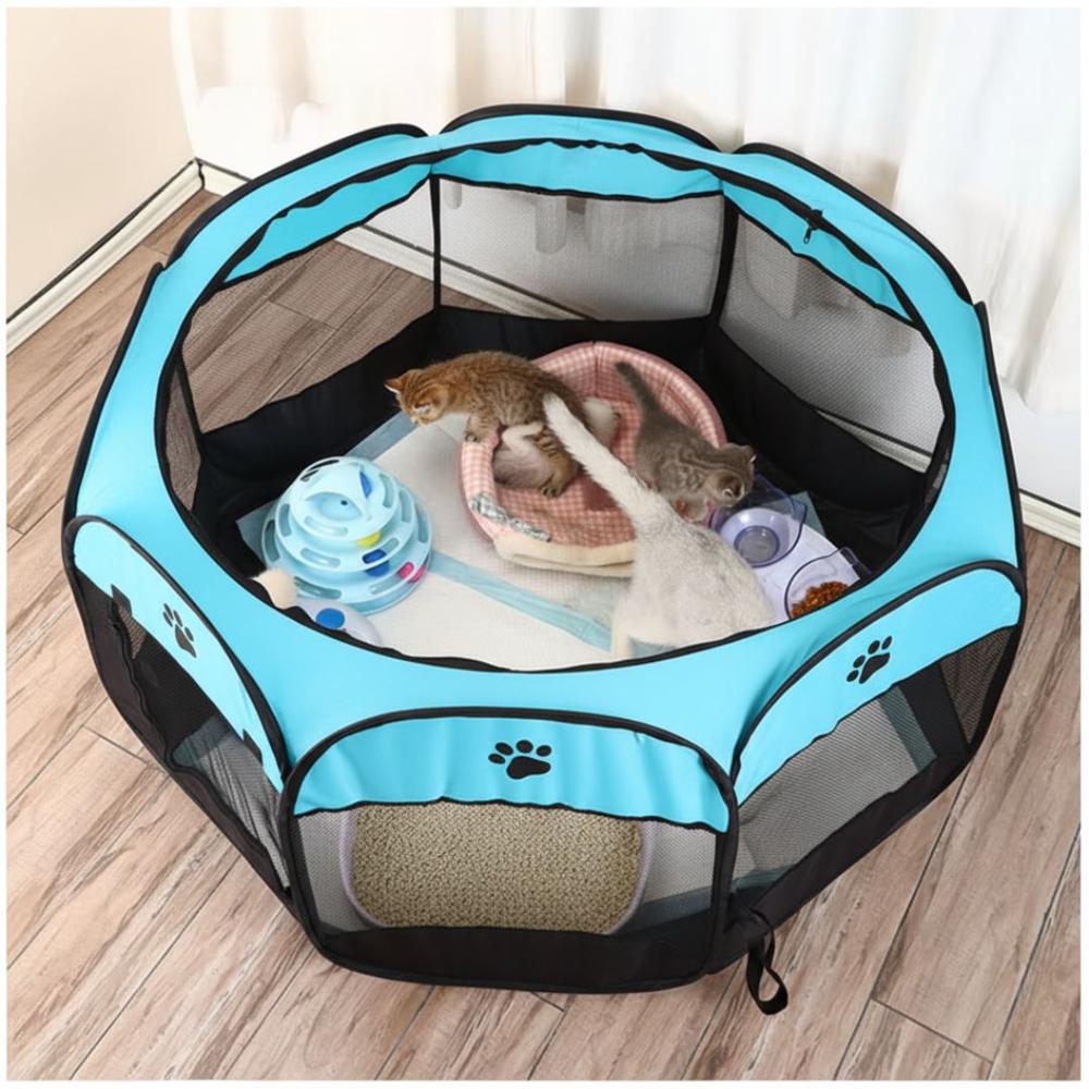 Corral Cama para Gatos Perros Casa para Mascotas Plegable 58x90x90cm Celeste