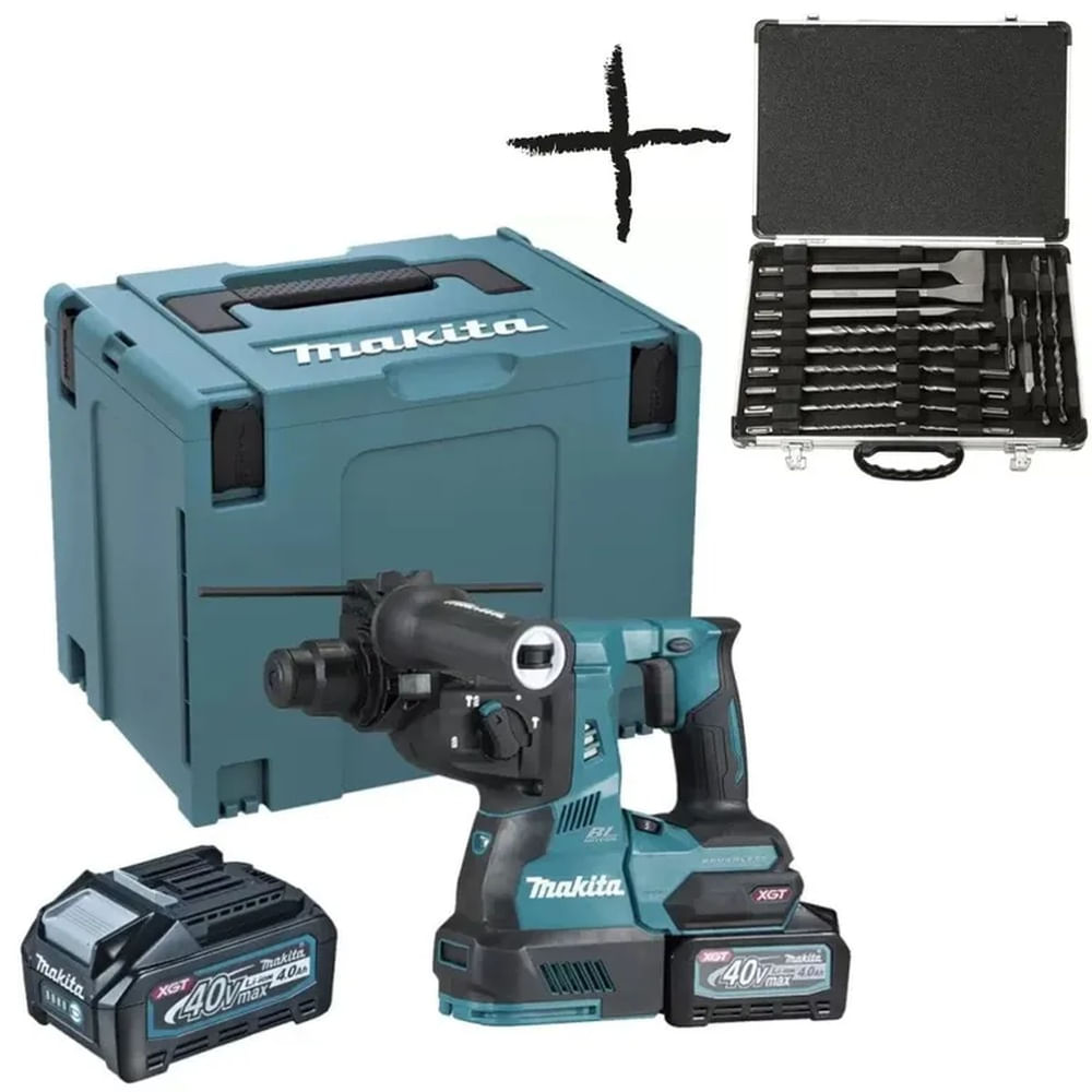Rotomartillo Sds-Plus 40V XGT + 2 Bat 4Ah Makita HR003GM201 + Set de cinceles y brocas