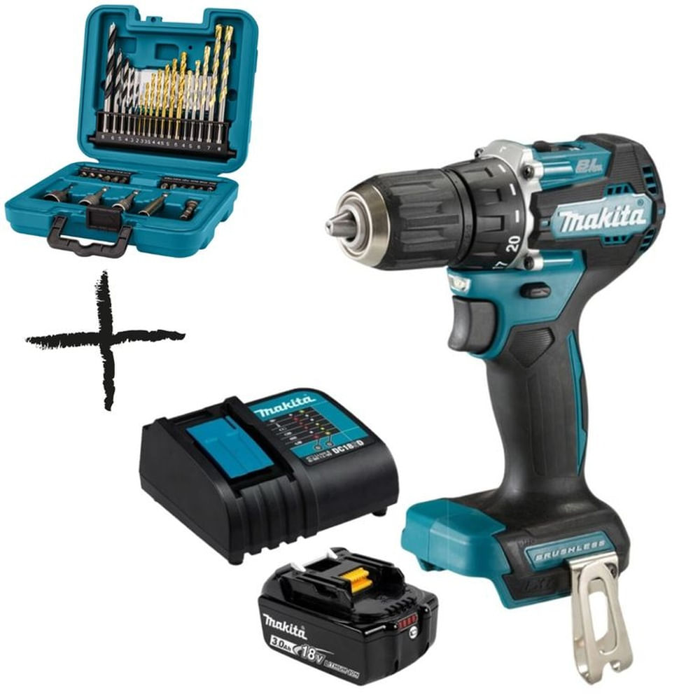 Taladro Percutor 1/2? 18V LXT BL Incluye 1 Bat y Carg Makita DHP487SF + 1 SET DE ACCESORIOS