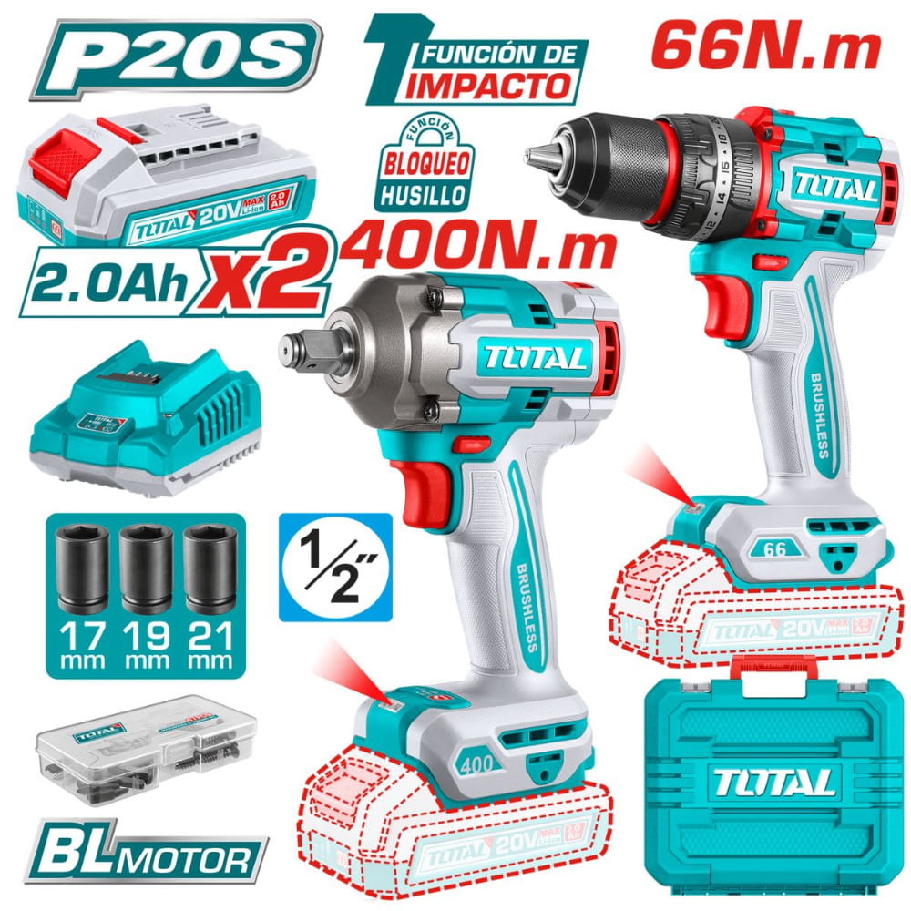 COMBO TALADRO 66N.M. Y PISTOLA IMPACTO 20V EN MALETA (TCKLI20275)