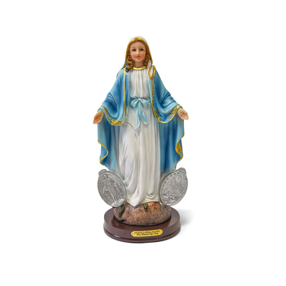 SANTOS RELIGIOSOS Y FIGURAS - Adorno de poliresina virgen de la medalla milagrosa base madera