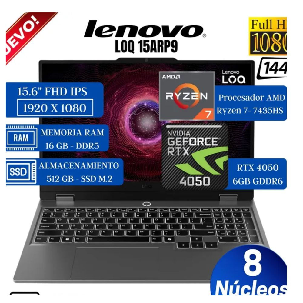 Laptop Lenovo LOQ 15ARP9 AMD Ryzen 7-7435HS 16GB RAM 512GB SSD 15.6 FHD RTX4050-6GB - 83JC008GLM