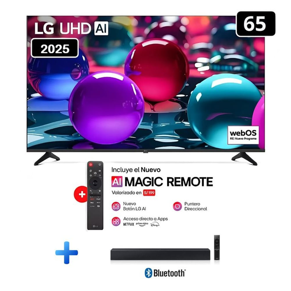 Televisor Lg 65 Pulg Ultra HD 4K AI ThinQ 65UA7300 Modelo 2025- Negro + Soundbar