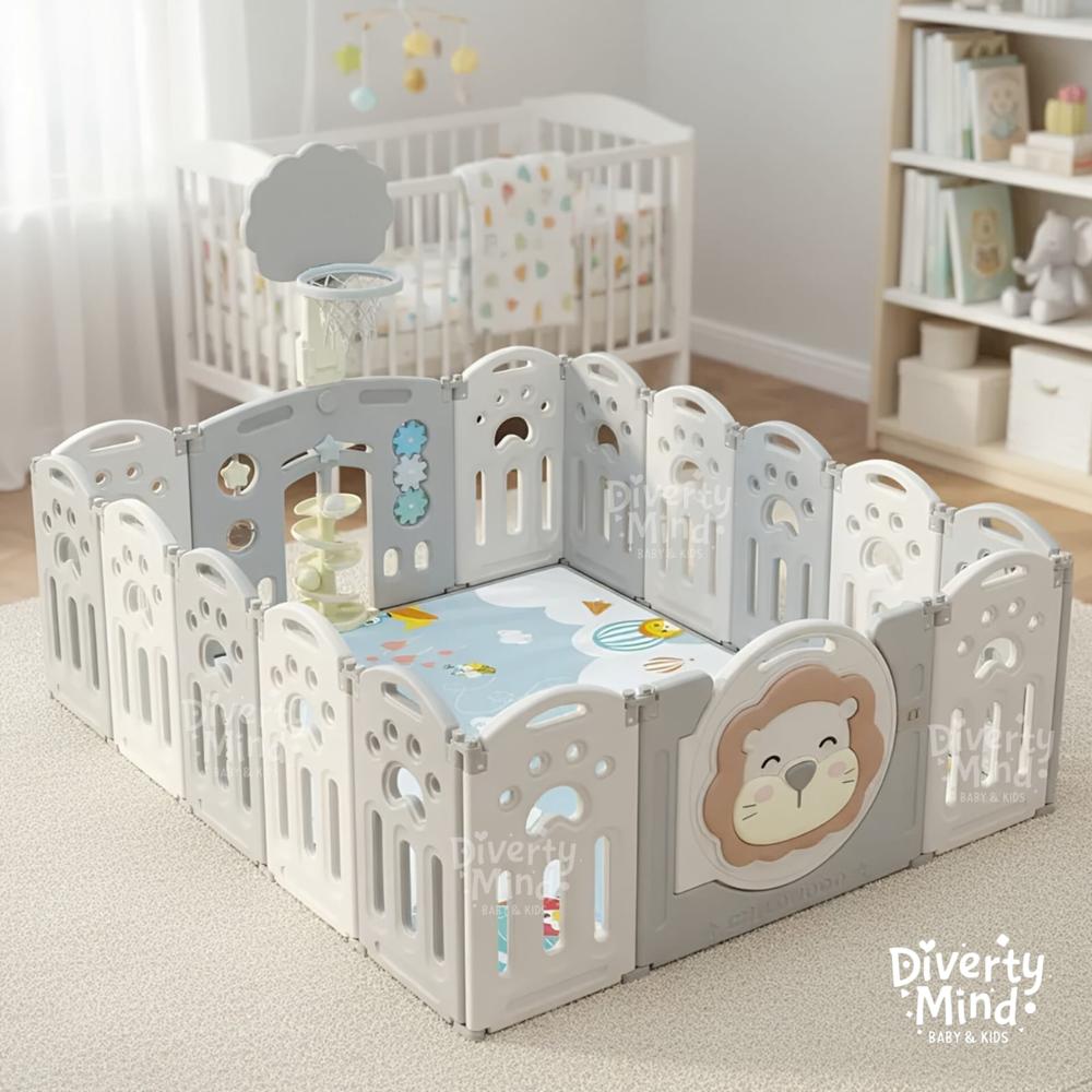 CORRALITO INFANTIL PLEGABLE LEONCITO COLOR GRIS 150 x 180 CM