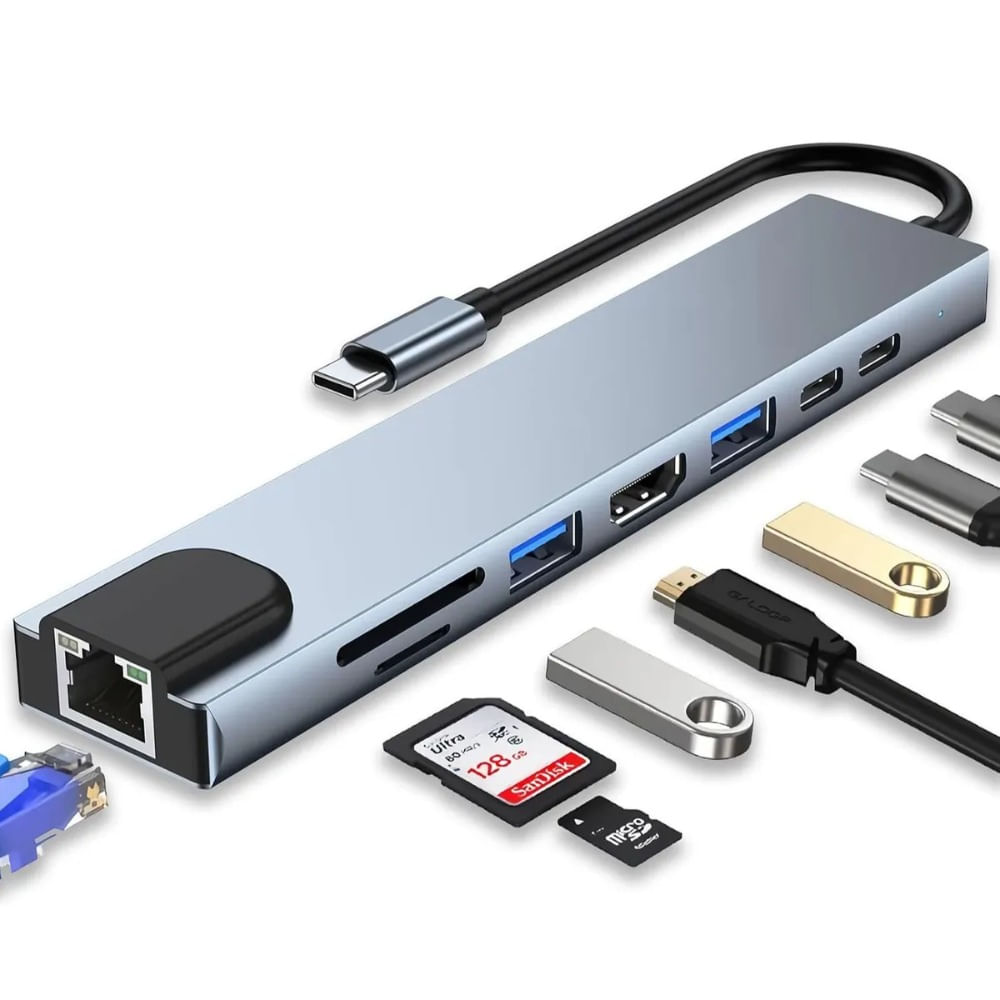 Adaptador Hub 8 En 1 Tipo C Hdmi Puerto Land Usb Mac Y Pc Sd
