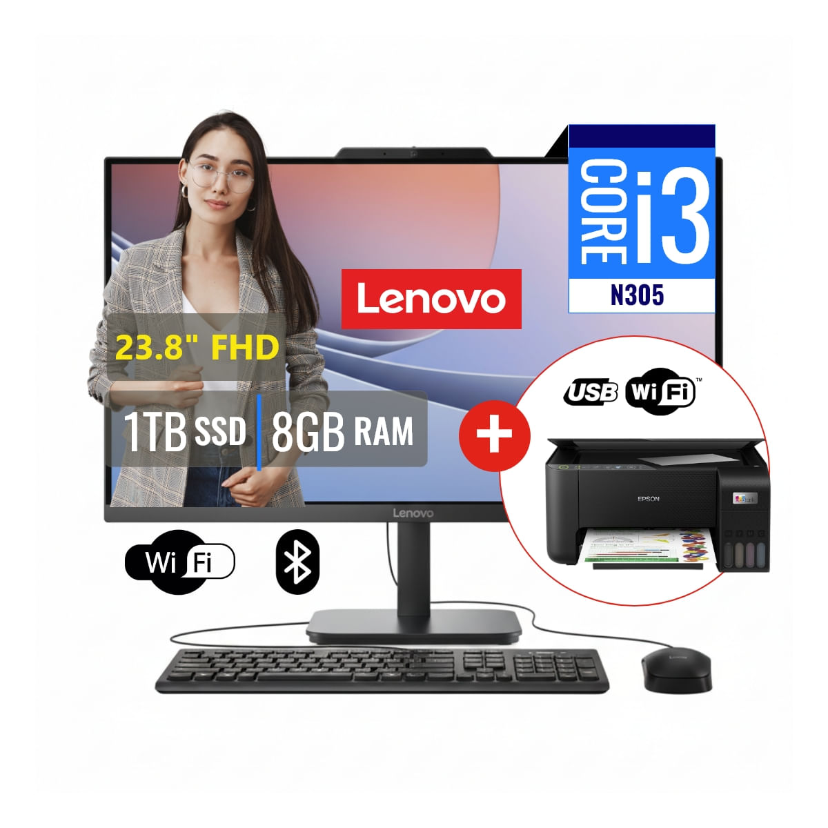 Combo All In One Lenovo V100 Intel Core i3 8GB RAM 512GB SSD 23.8 y Impresora L3250 13BE004ALD325