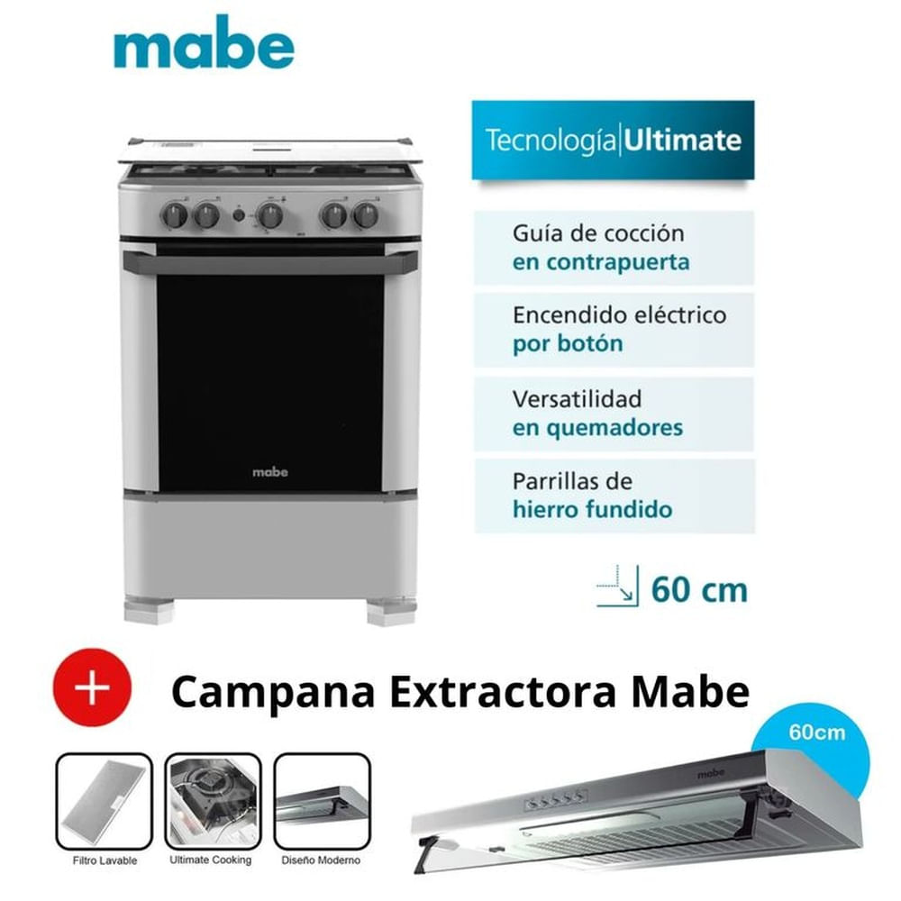 COCINA MABE CMP6010FG1 A GAS DE 4 HORNILLAS SILVER + CAMPANA MABE
