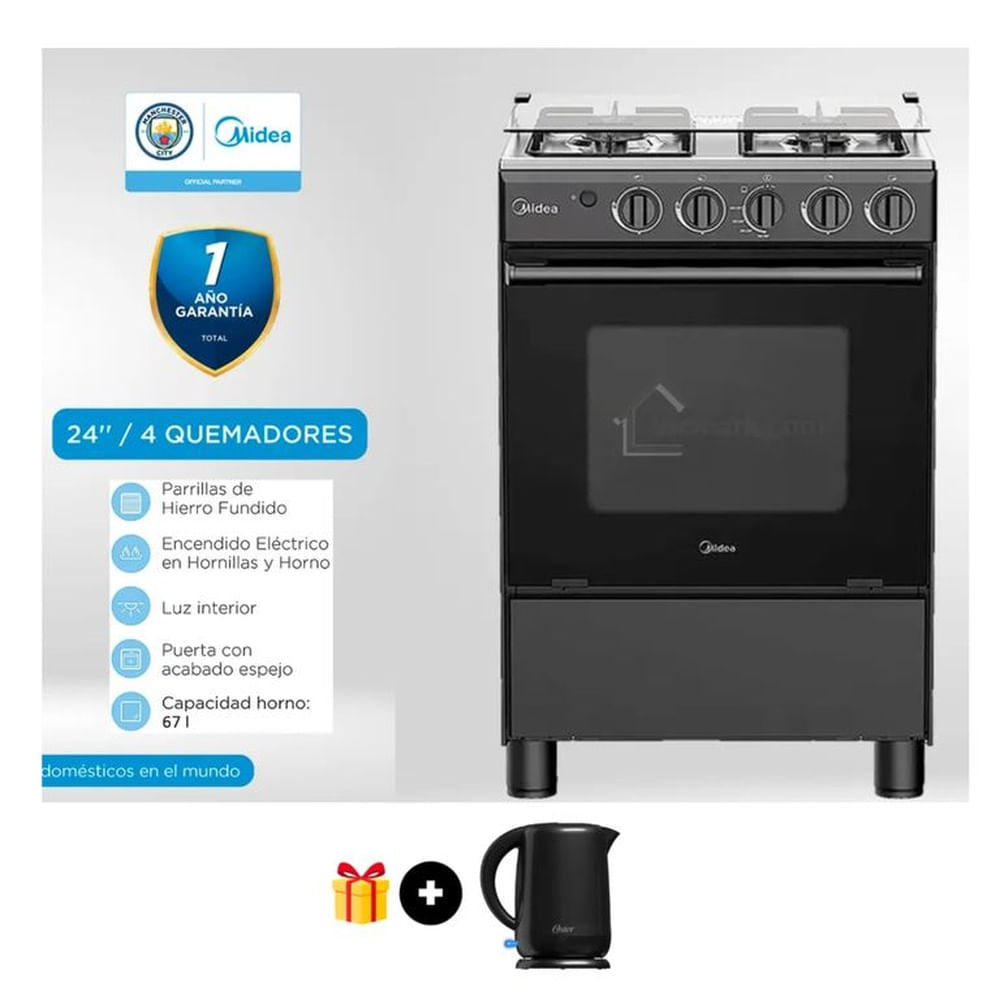 Cocina a Gas 24" Midea 4 Quemadores Negra MGS24FS2LFABBC + Hervidor