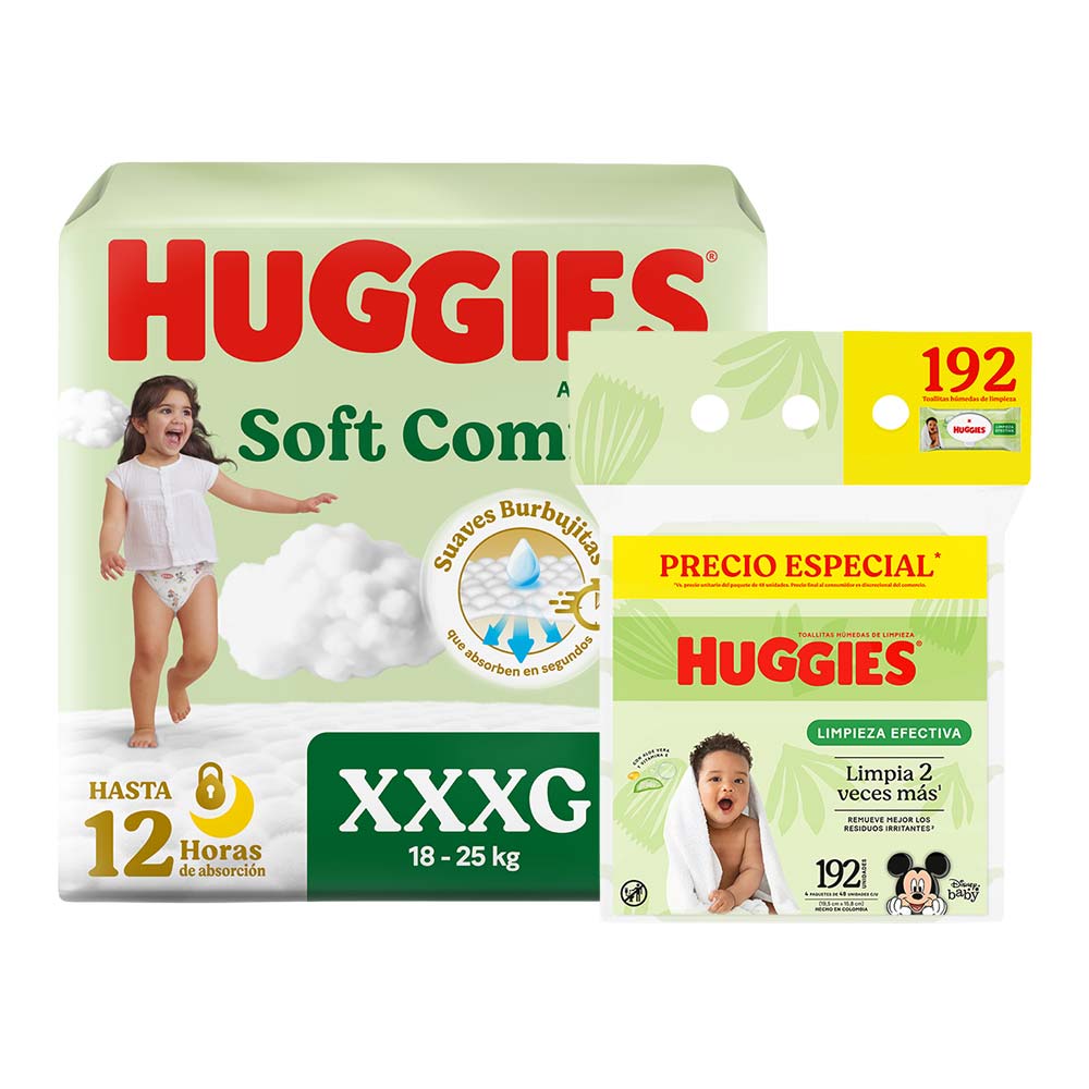 Pack HUGGIES Pañales Bebé Active Sec XXXG Paquete 70un + Toallitas Húmedas Limpieza Efectiva Paquete 192un