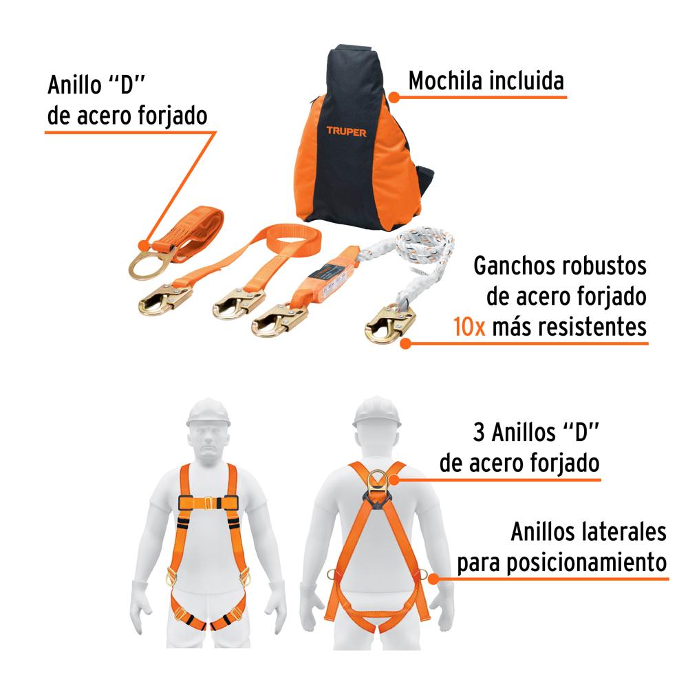 Kit Contra Caidas 5 Piezas Con Certificacion Truper 100887 Color Naranja Talla 40