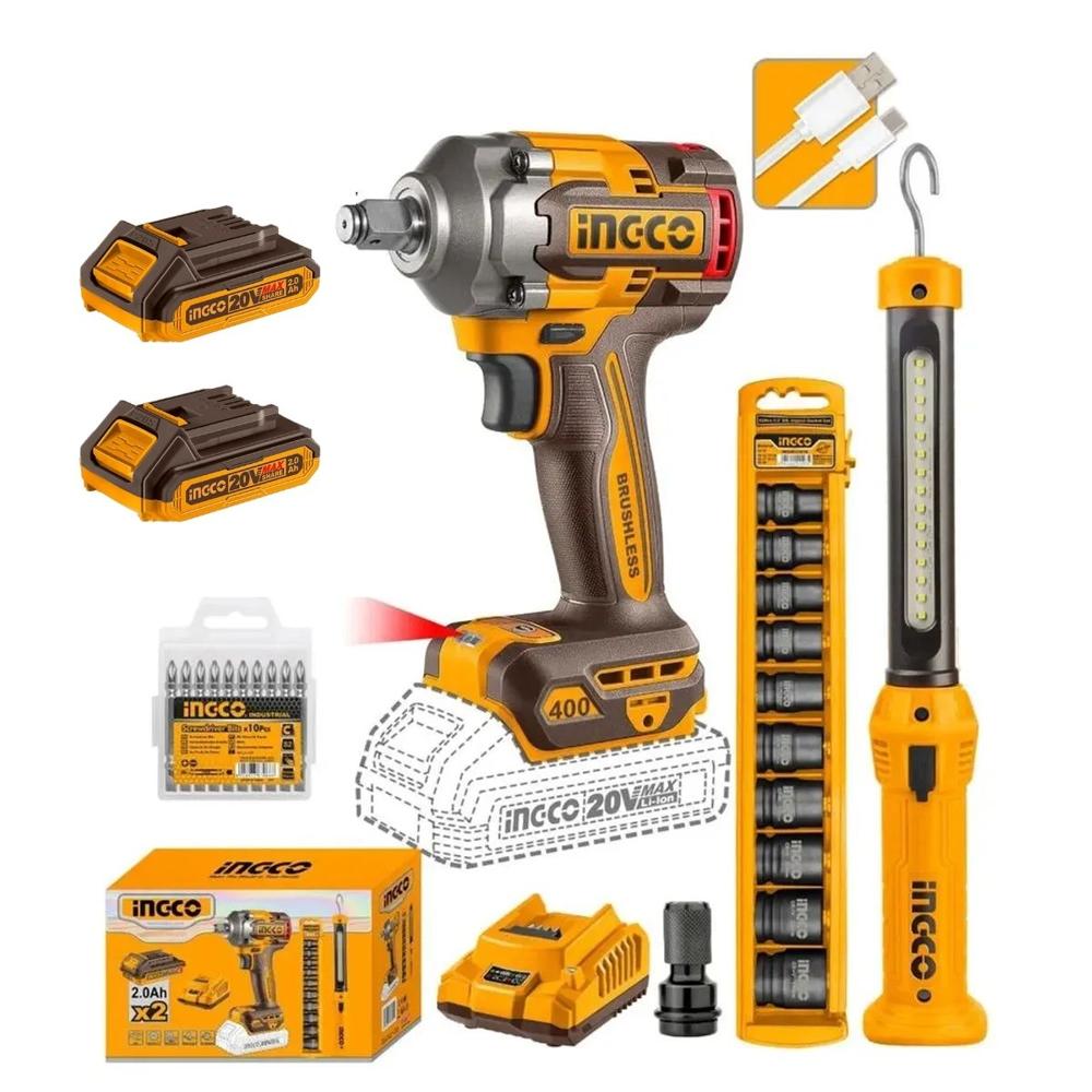 Llave De Impacto Ingco 20V 400Nm Brushless y Linterna Led